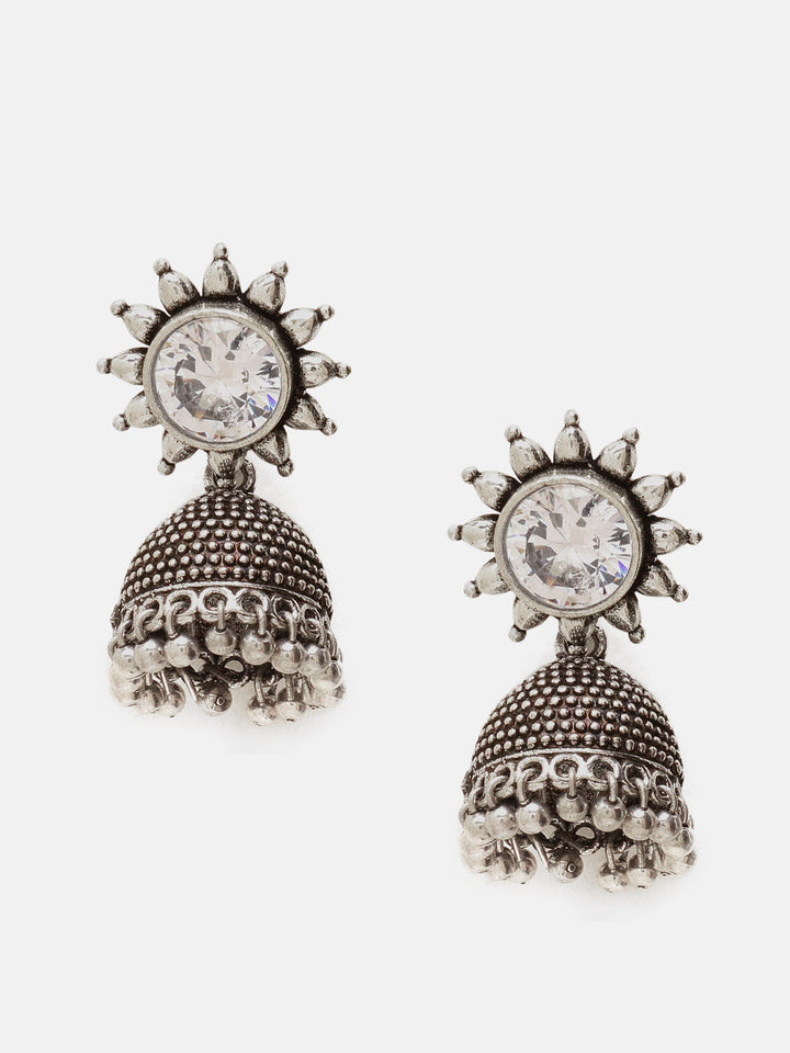 Priyaasi Silver Plated Oxidized Crystal Jhumka Earrings