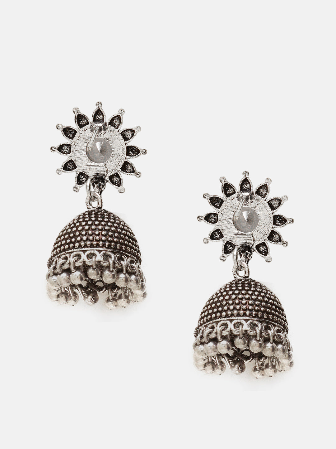 Priyaasi Silver Plated Oxidized Crystal Jhumka Earrings