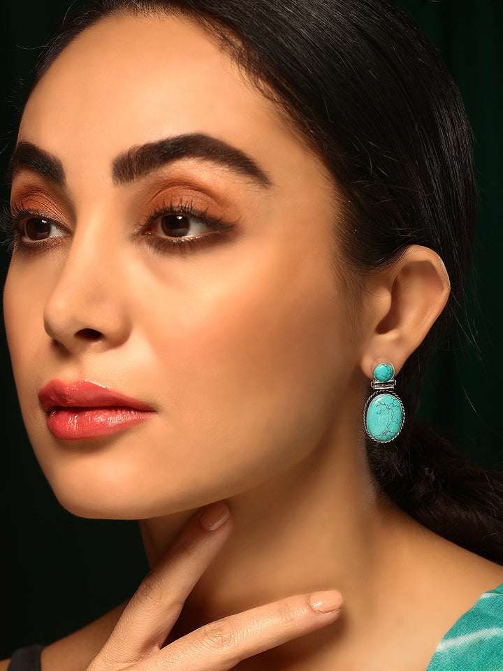 Priyaasi Silver Plated Blue Marble Oxidized Drop Earrings