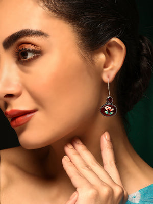 Priyaasi Silver Plated Red Ruby Oxidized Floral Drop Earrings