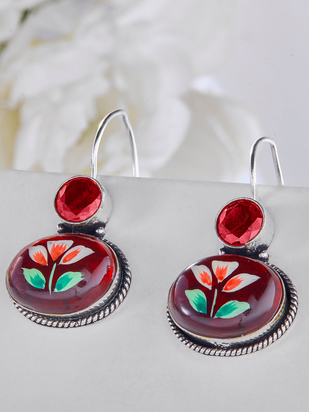 Priyaasi Silver Plated Red Ruby Oxidized Floral Drop Earrings