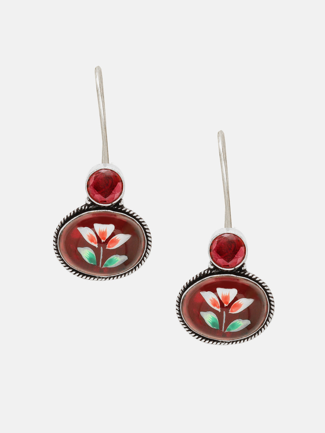 Priyaasi Silver Plated Red Ruby Oxidized Floral Drop Earrings