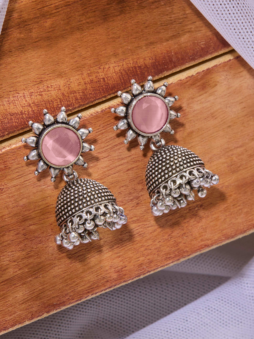 Priyaasi Silver Plated Pink Rose Quartz Oxidized Jhumka Earrings