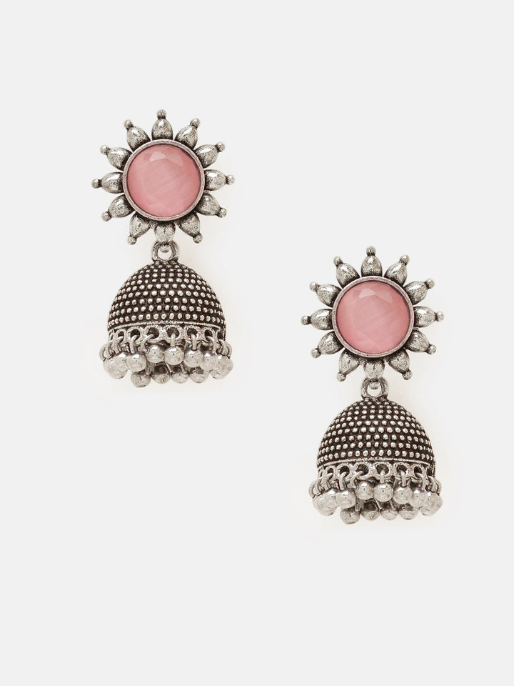 Priyaasi Silver Plated Pink Rose Quartz Oxidized Jhumka Earrings