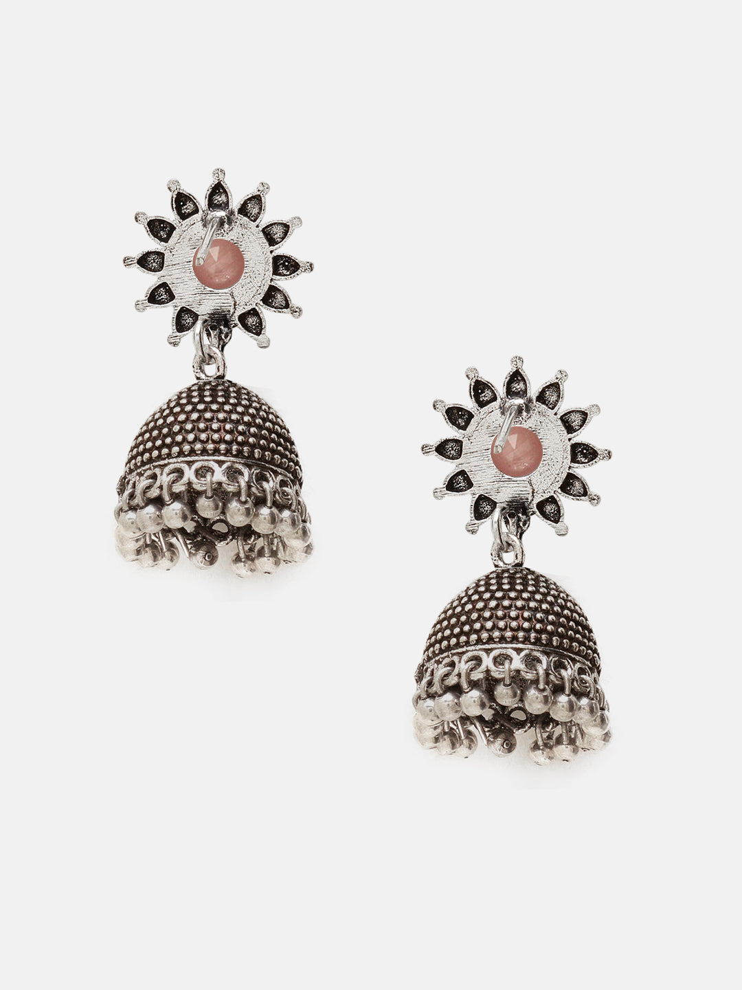 Priyaasi Silver Plated Pink Rose Quartz Oxidized Jhumka Earrings