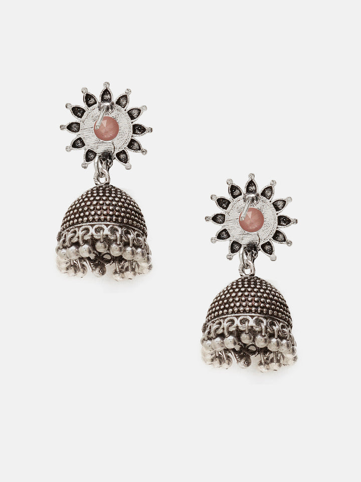 Priyaasi Silver Plated Pink Rose Quartz Oxidized Jhumka Earrings