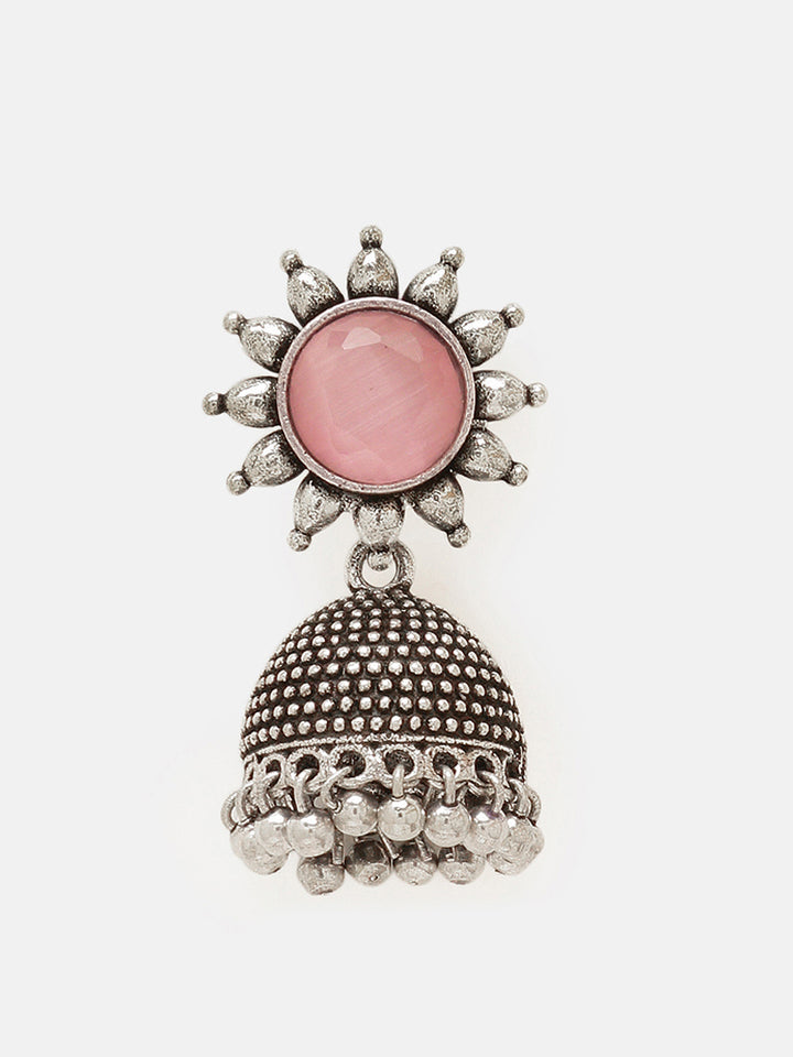 Priyaasi Silver Plated Pink Rose Quartz Oxidized Jhumka Earrings