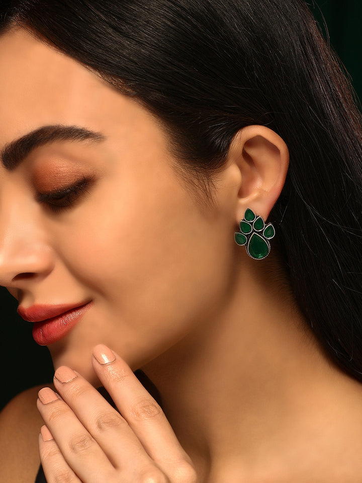 Priyaasi Silver Plated Green Oxidized Leaf Shaped Emarld Stud Earrings