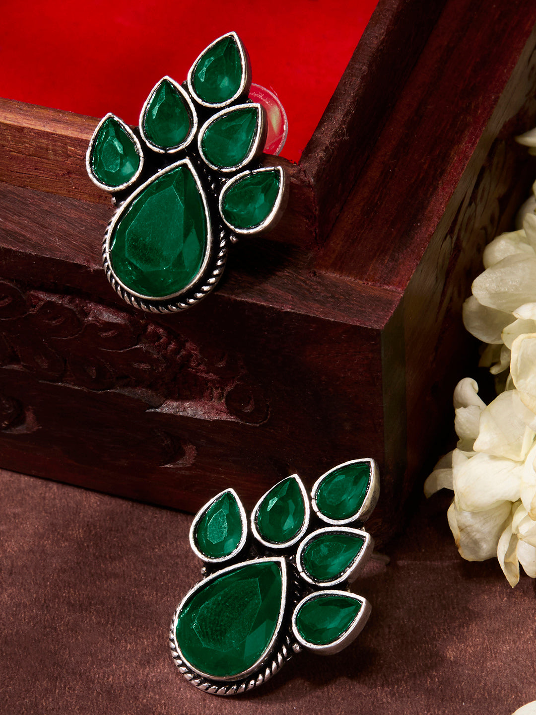 Priyaasi Silver Plated Green Oxidized Leaf Shaped Emarld Stud Earrings