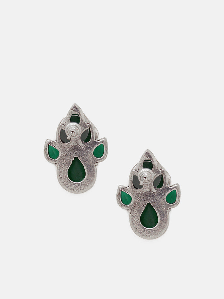 Priyaasi Silver Plated Green Oxidized Leaf Shaped Emarld Stud Earrings