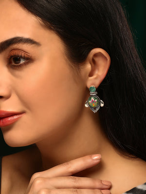 Priyaasi Silver Plated Green Oxidized Floral Emarld Drop Earrings