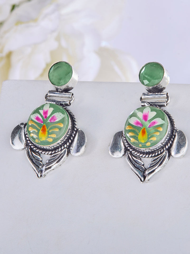 Priyaasi Silver Plated Green Oxidized Floral Emarld Drop Earrings