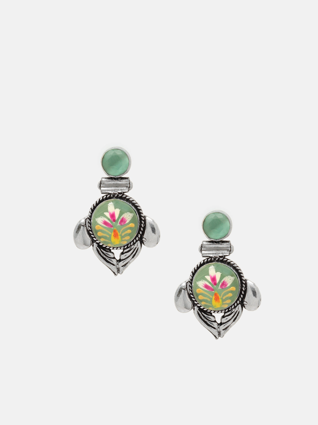 Priyaasi Silver Plated Green Oxidized Floral Emarld Drop Earrings