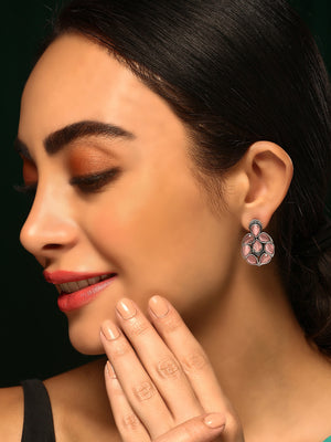 Priyaasi Silver Plated Rose Quartz Oxidized Stud Earrings