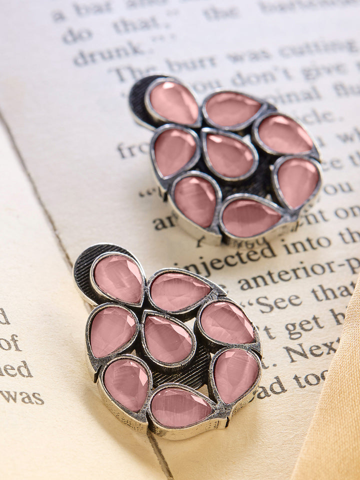 Priyaasi Silver Plated Rose Quartz Oxidized Stud Earrings