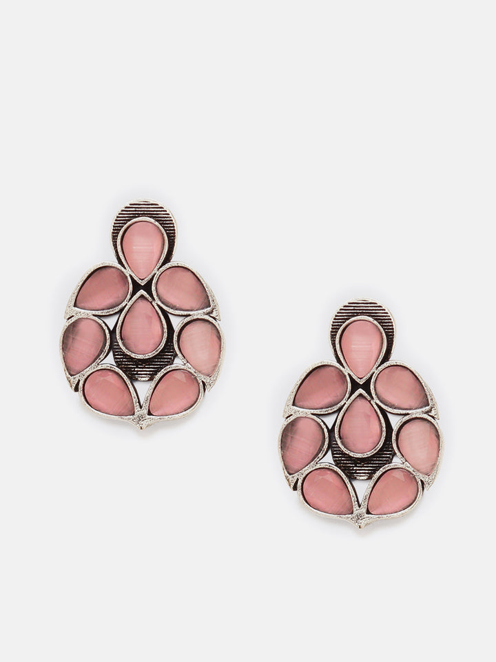 Priyaasi Silver Plated Rose Quartz Oxidized Stud Earrings