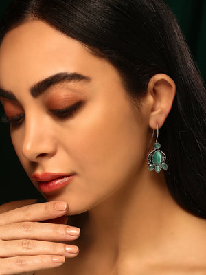 Priyaasi Silver Plated Green Emarld Oxidized Drop Earrings