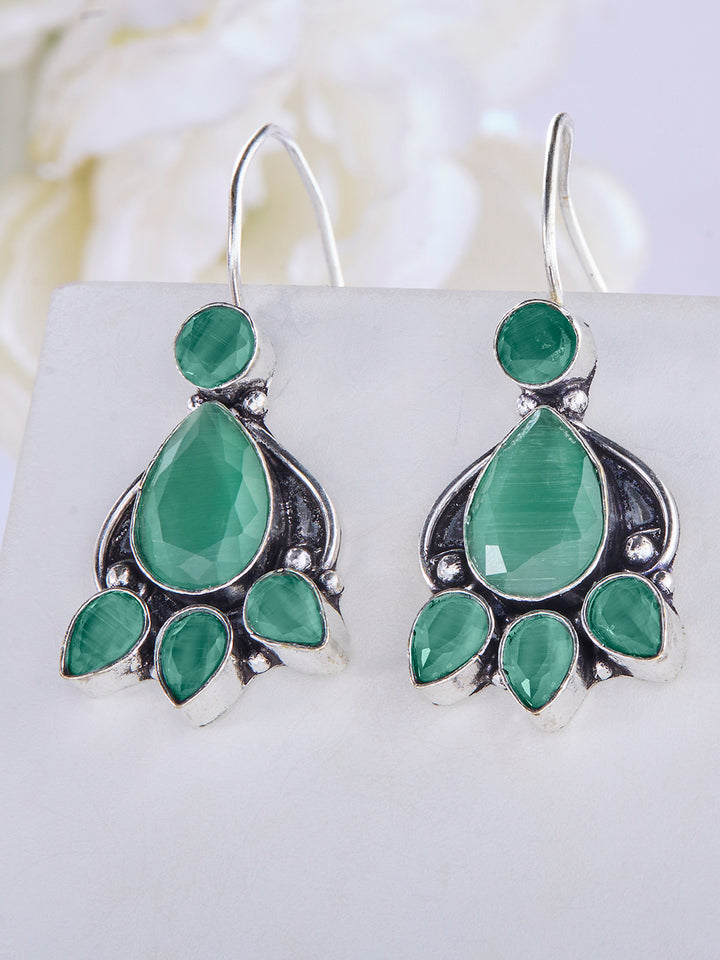 Priyaasi Silver Plated Green Emarld Oxidized Drop Earrings