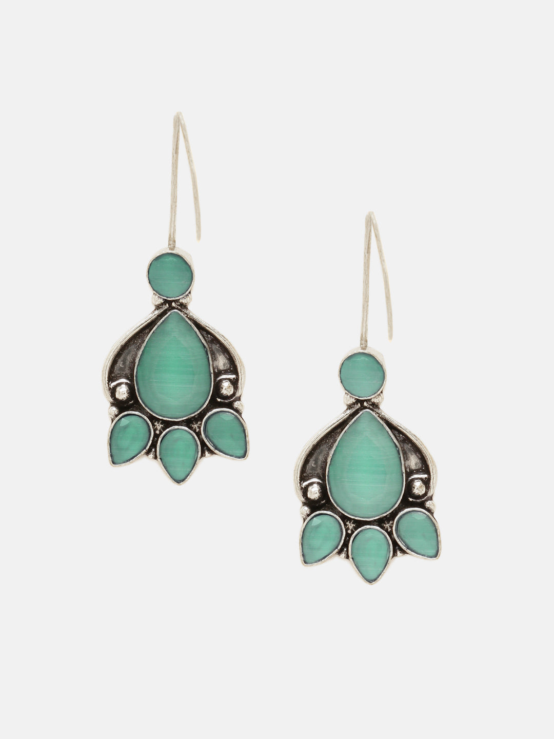 Priyaasi Silver Plated Green Emarld Oxidized Drop Earrings