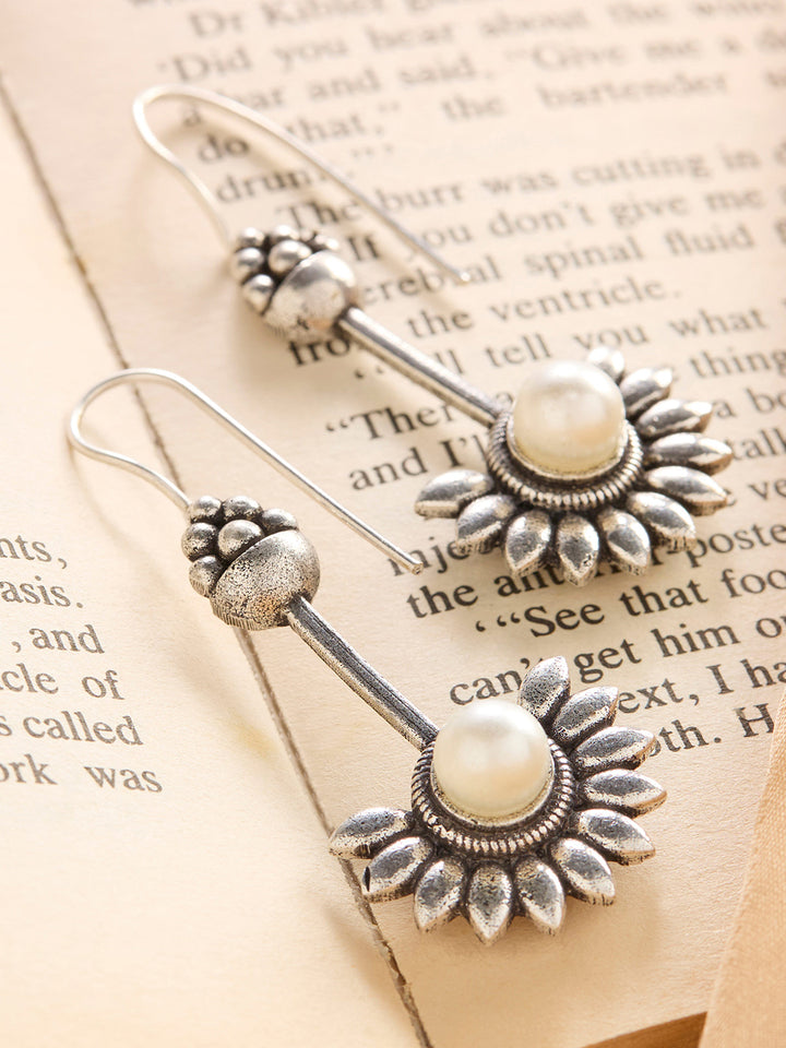 Priyaasi Silver Plated White Oxidized Pearl Drop Earrings