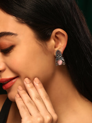 Priyaasi Silver Plated Pink Oxidized Crystal Drop Earrings