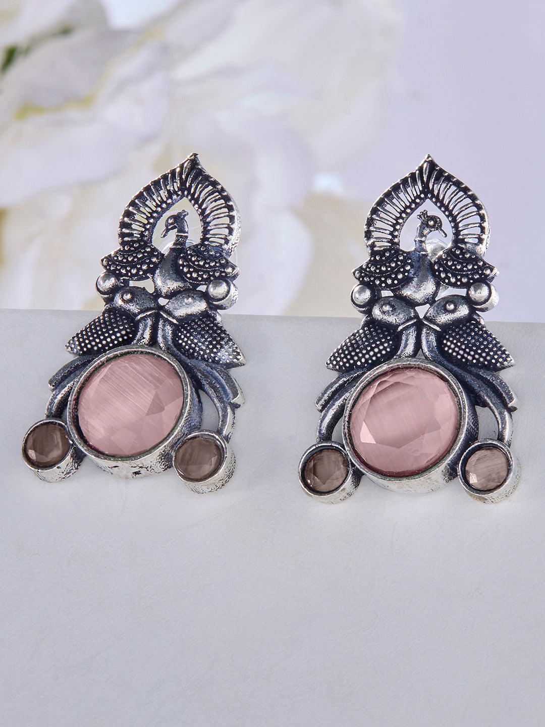 Priyaasi Silver Plated Pink Oxidized Crystal Drop Earrings