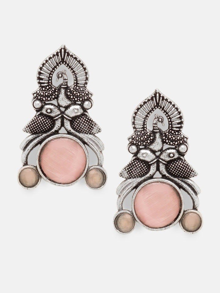 Priyaasi Silver Plated Pink Oxidized Crystal Drop Earrings