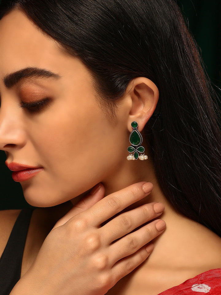 Priyaasi Silver Plated Green Oxidized Emarld Drop Earrings