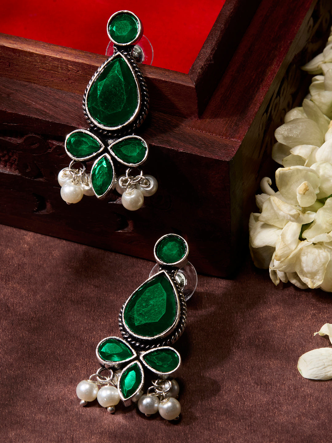 Priyaasi Silver Plated Green Oxidized Emarld Drop Earrings