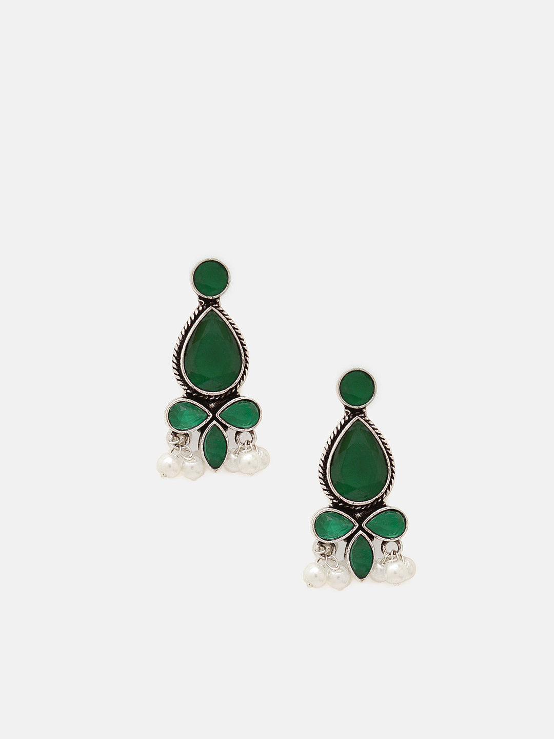 Priyaasi Silver Plated Green Oxidized Emarld Drop Earrings