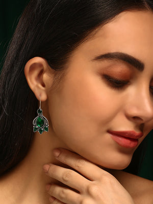 Priyaasi Silver Plated Green Oxidized Emarld Drop Earrings