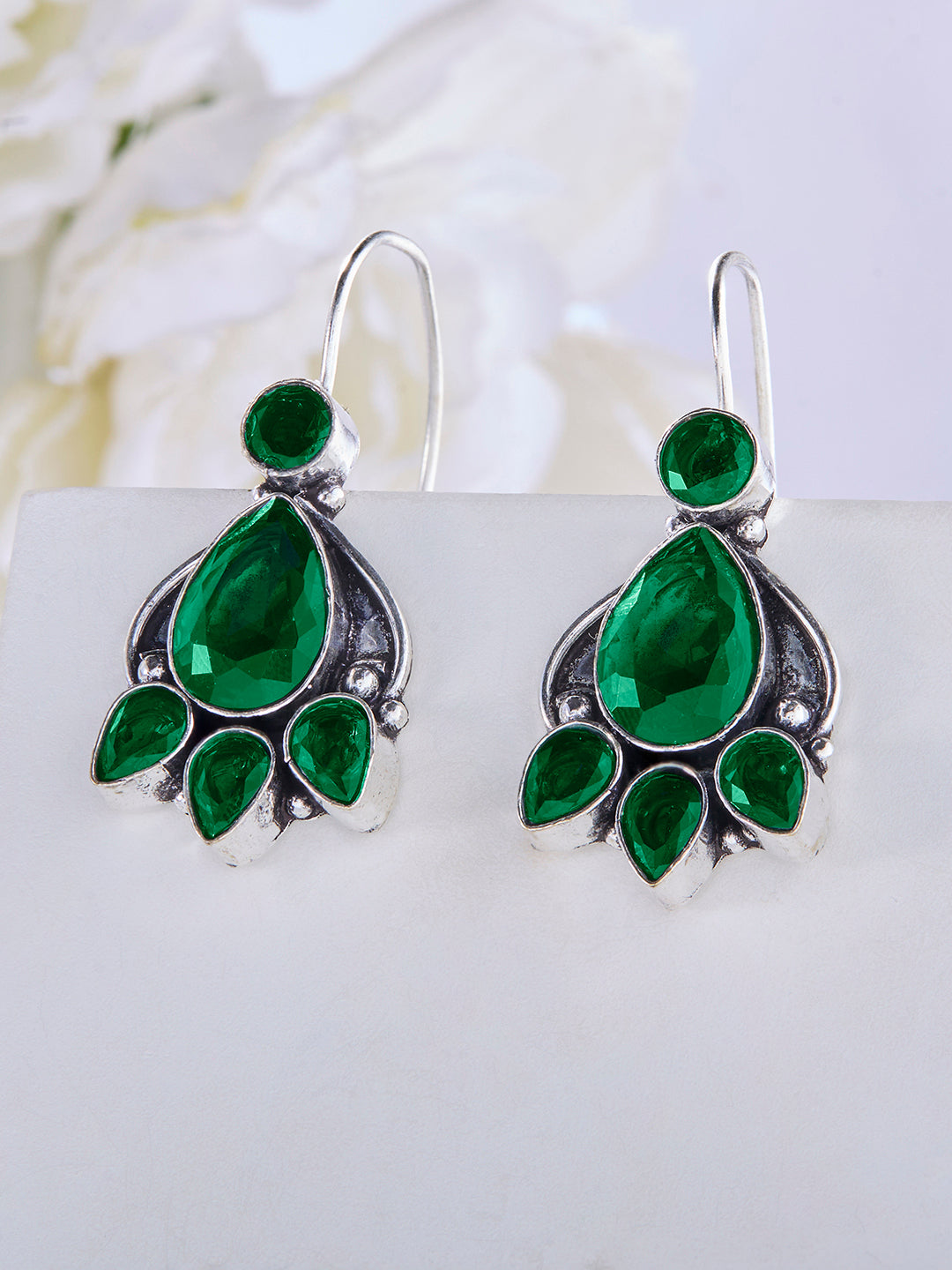 Priyaasi Silver Plated Green Oxidized Emarld Drop Earrings