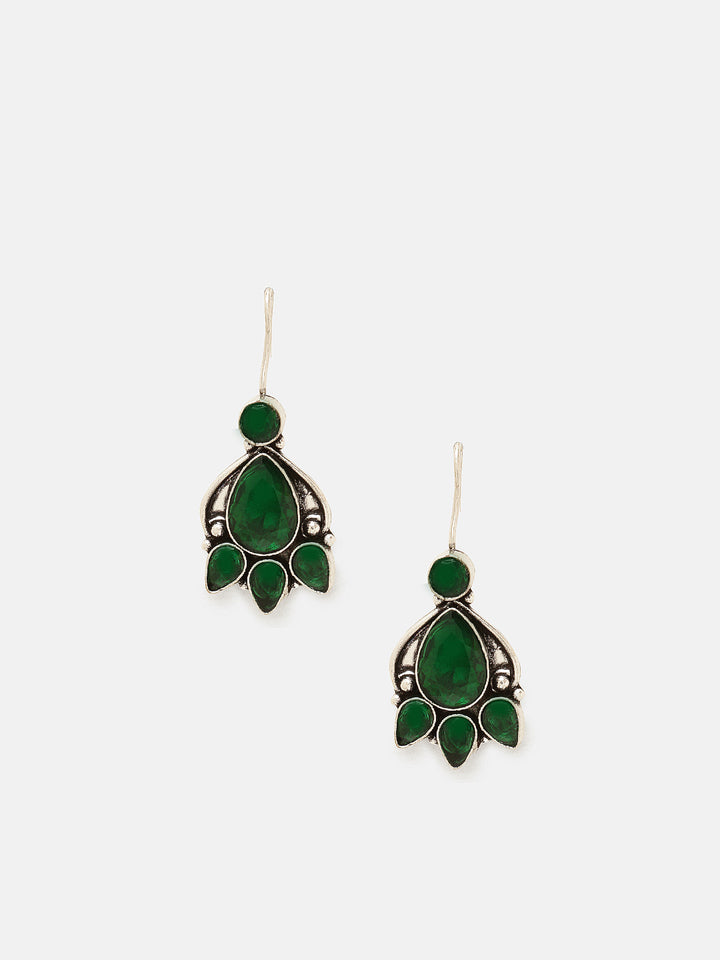 Priyaasi Silver Plated Green Oxidized Emarld Drop Earrings