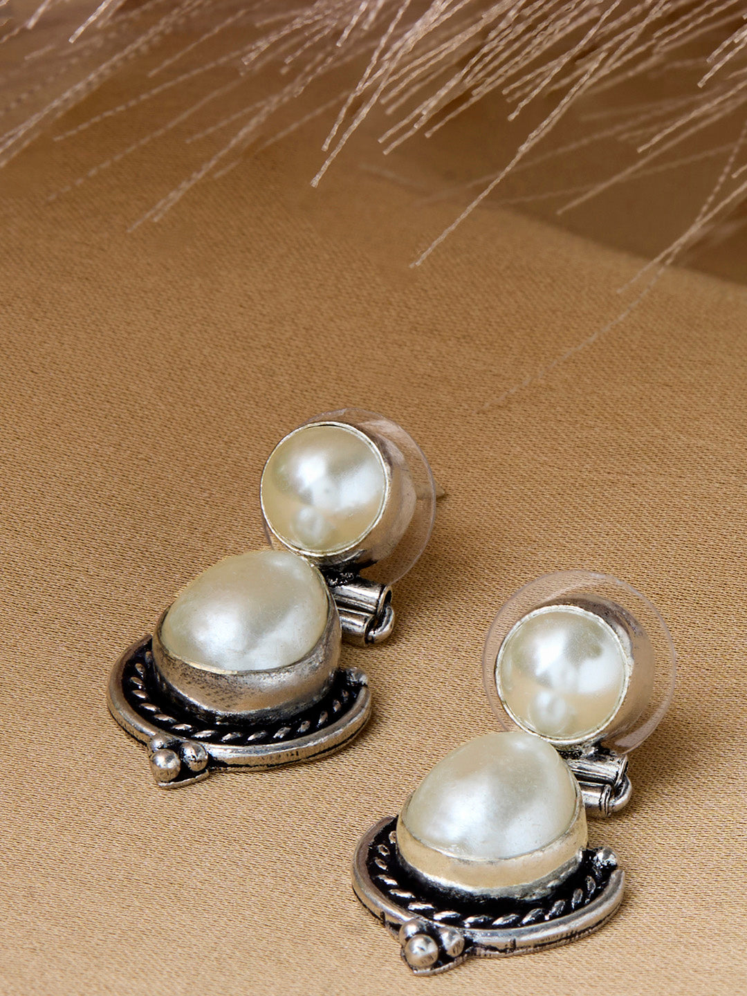 Priyaasi Silver Plated White Oxidized Pearl Drop Earrings