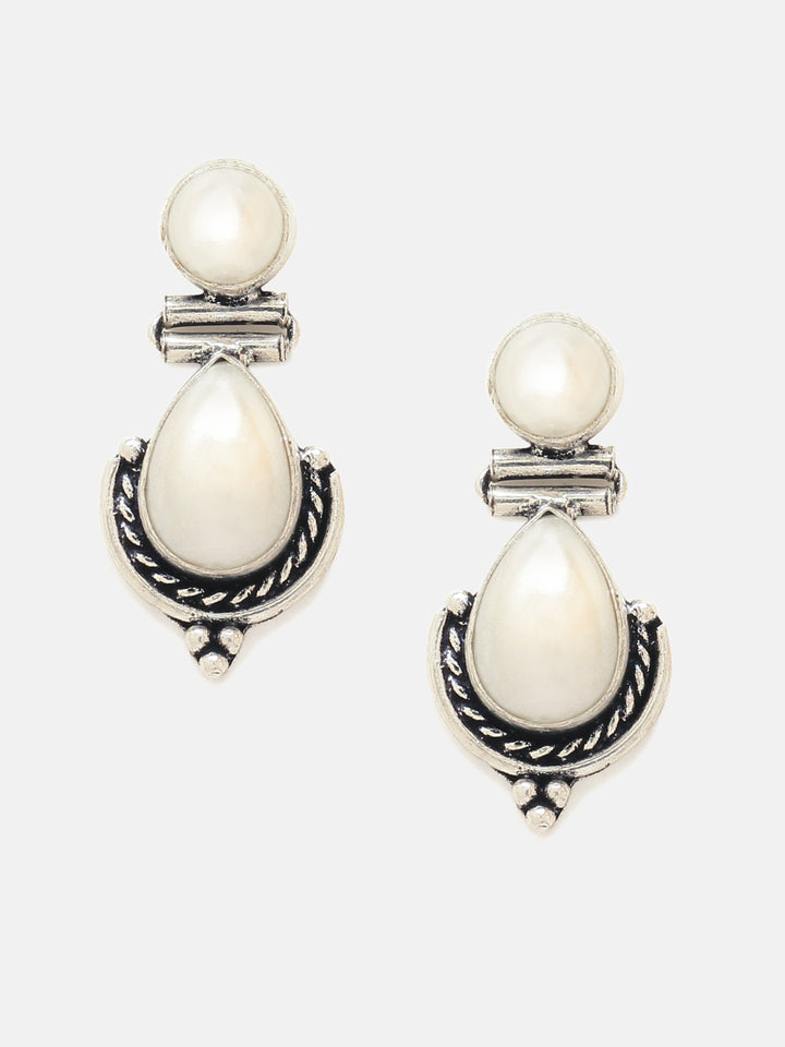 Priyaasi Silver Plated White Oxidized Pearl Drop Earrings