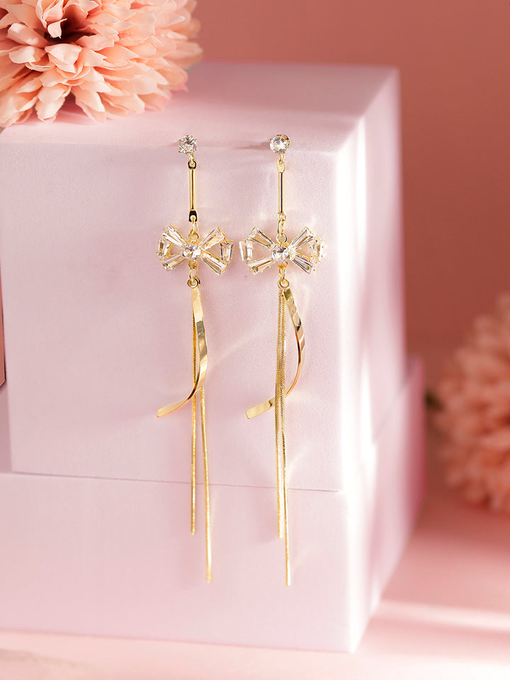 Bow Style Rhinestone Danglers Statement Gold plated Earrings