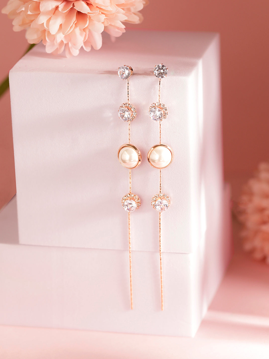 Pearl and Rhinestone Danglers Contemporary Gold Plated earrings