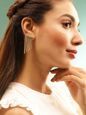 Rhinestone Pattern with Gold Plated Tassels Statement Drop Earrings