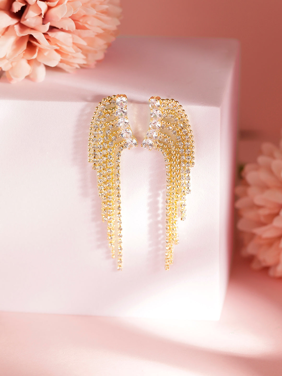 Rhinestone Pattern with Gold Plated Tassels Statement Drop Earrings