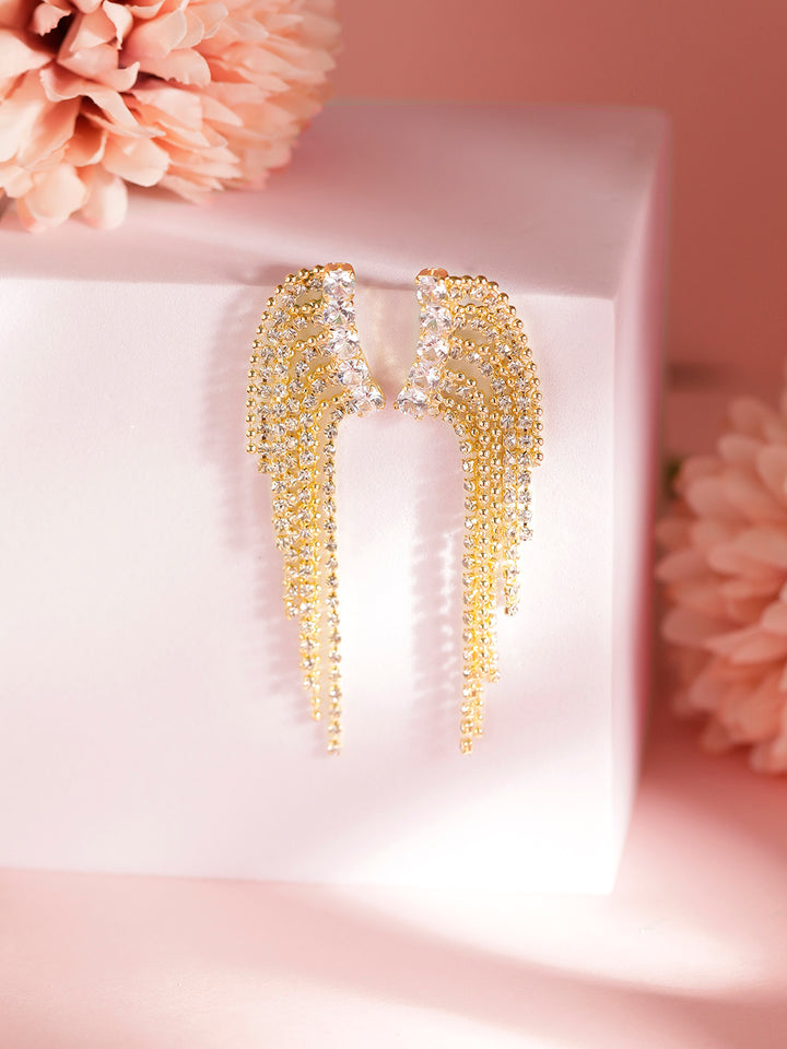 Rhinestone Pattern with Gold Plated Tassels Statement Drop Earrings