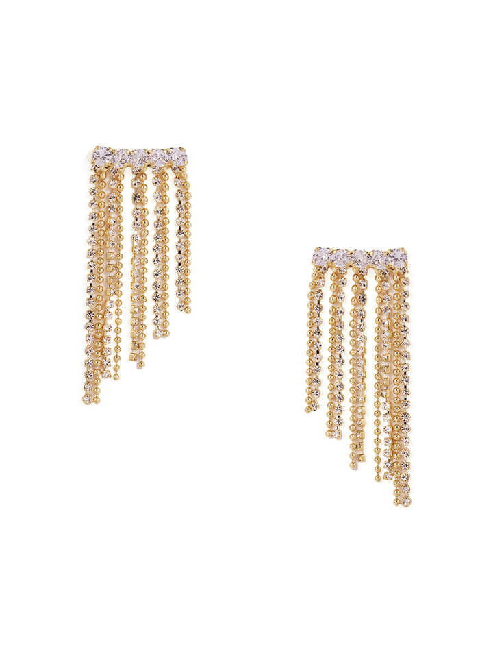 Rhinestone Pattern with Gold Plated Tassels Statement Drop Earrings