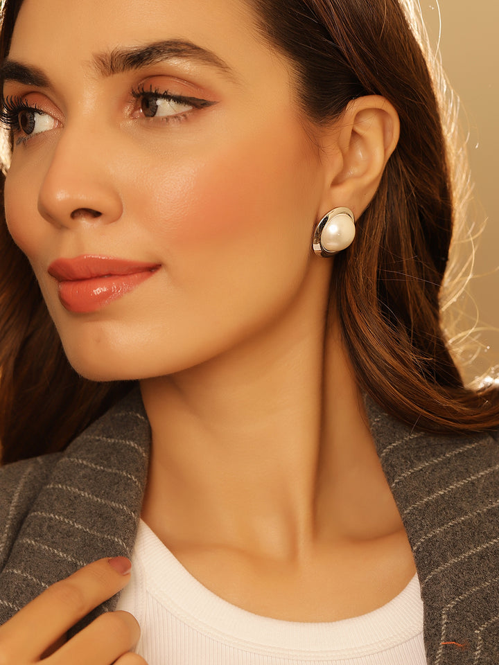 Silver Plated Pearl Studded Fancy Statement Stud Earrings