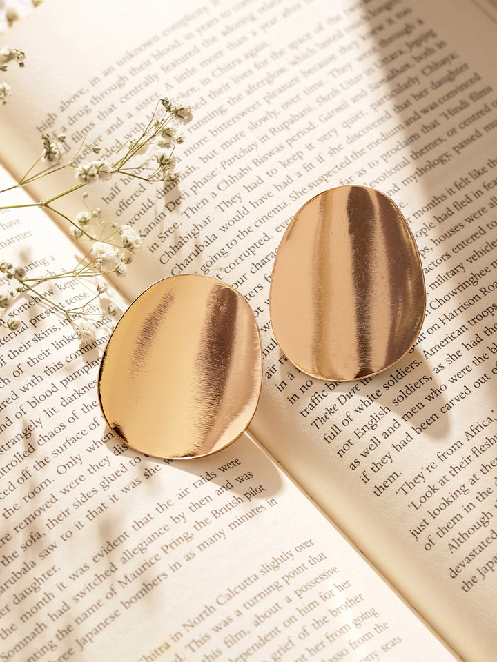 Plain Gold Plated Oval Shaped Stud Hammered Style Earrings