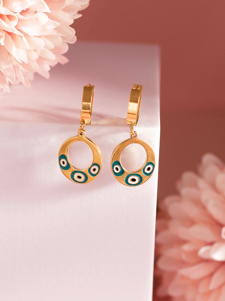 Evil Eye Oval Design Gold Plated Mini Drop Earrings