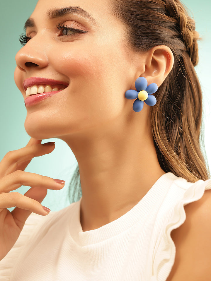 Blue Sunflower Pattern Statement Mini Stud Earrings