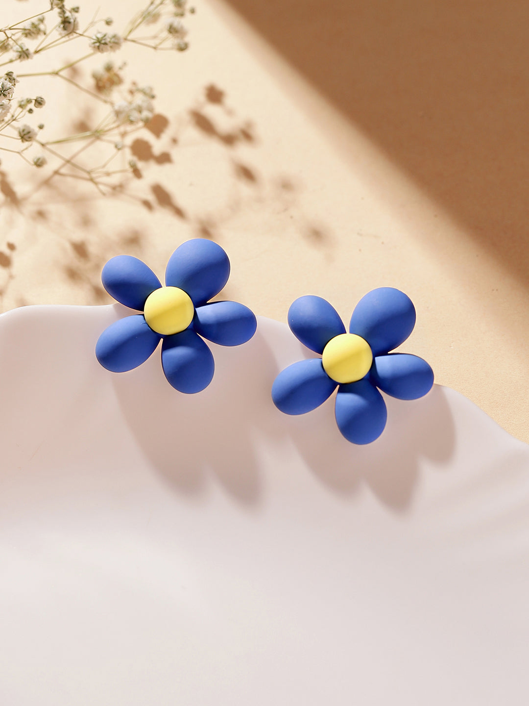 Blue Sunflower Pattern Statement Mini Stud Earrings