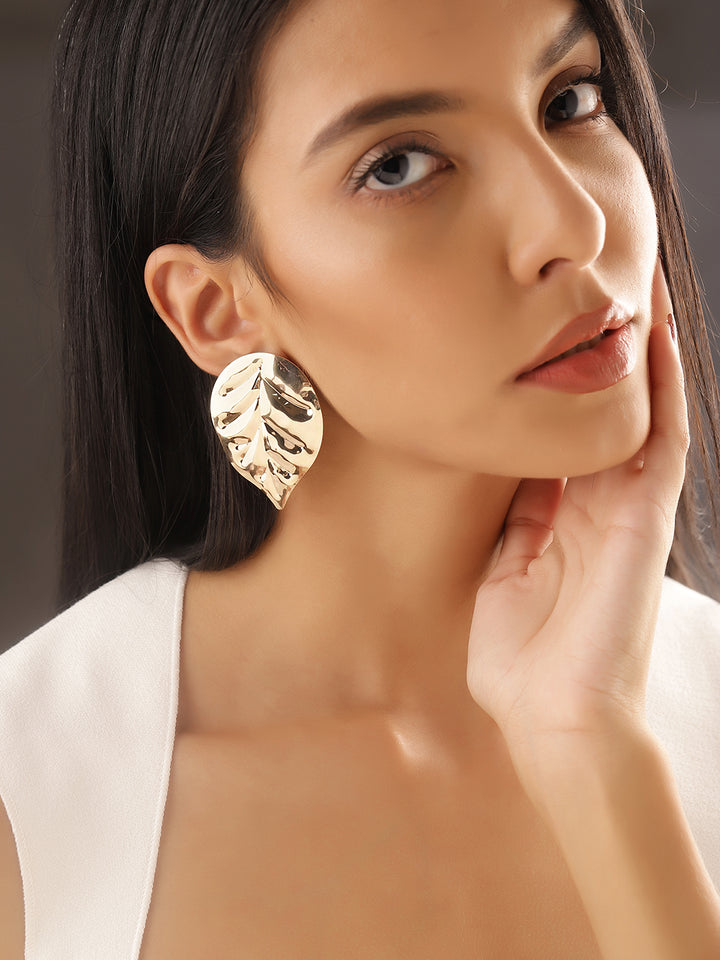 Leaf Pattern Gold Plated Contemporary Stud Earrings