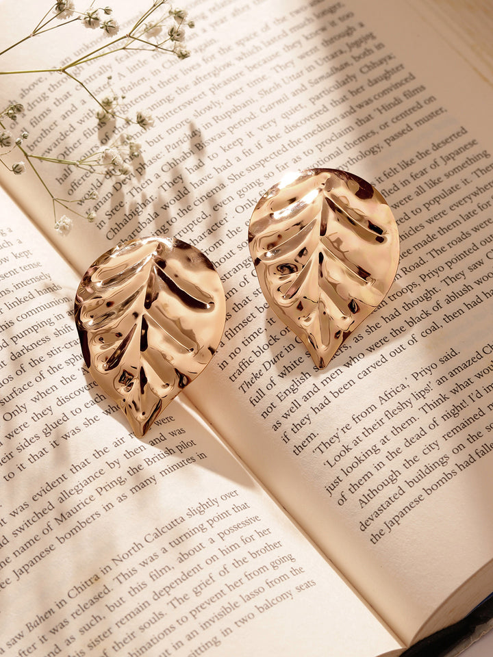 Leaf Pattern Gold Plated Contemporary Stud Earrings