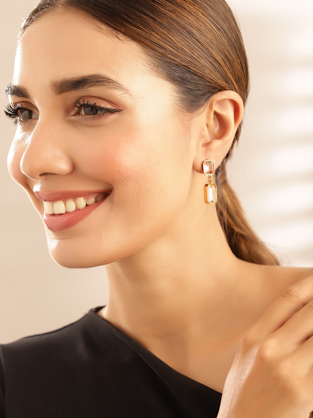 Transparent Stone Gold Plated Mini Drop Earrings