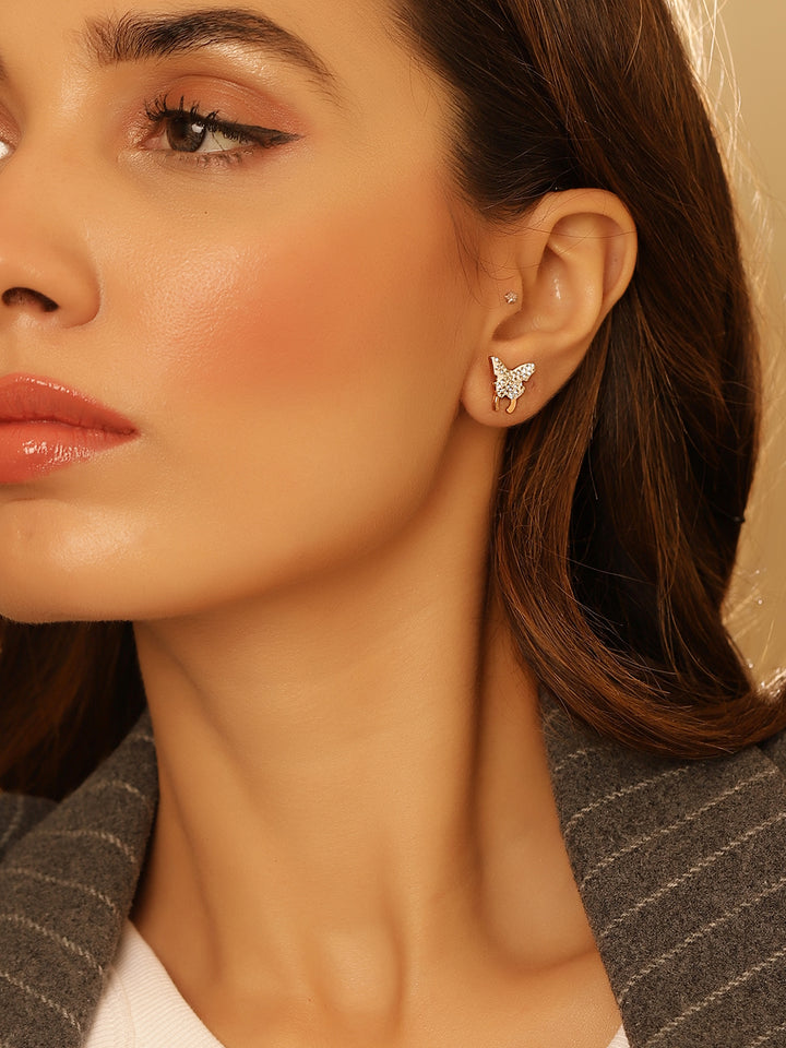 Butterfly Pattern Whitestone Gold Plated Stud Earrings